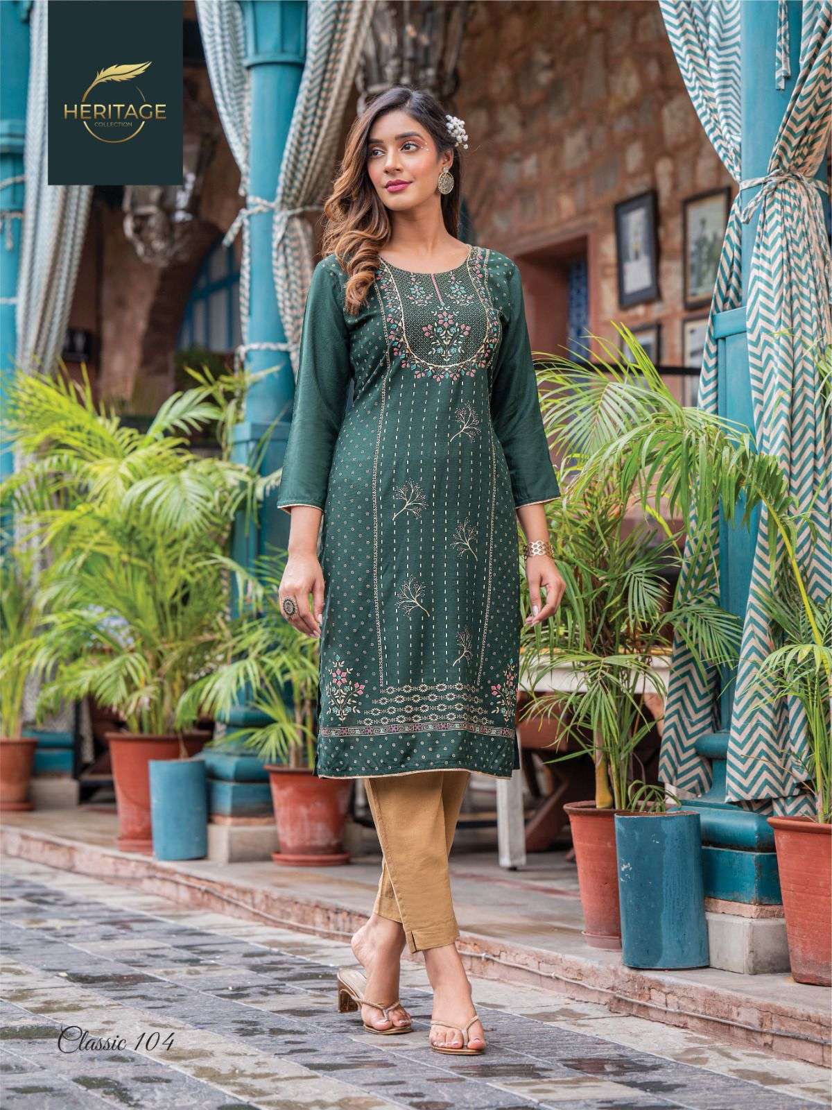 CLASSIC BY RAYON SLUB PRINT WITH HANDWORK DESIGNER KURTI BY HERITAGE COLLECTION BRAND 104